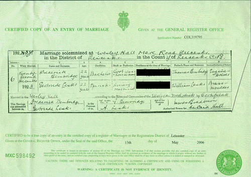 Fred and Gertrude's Wedding Certificate